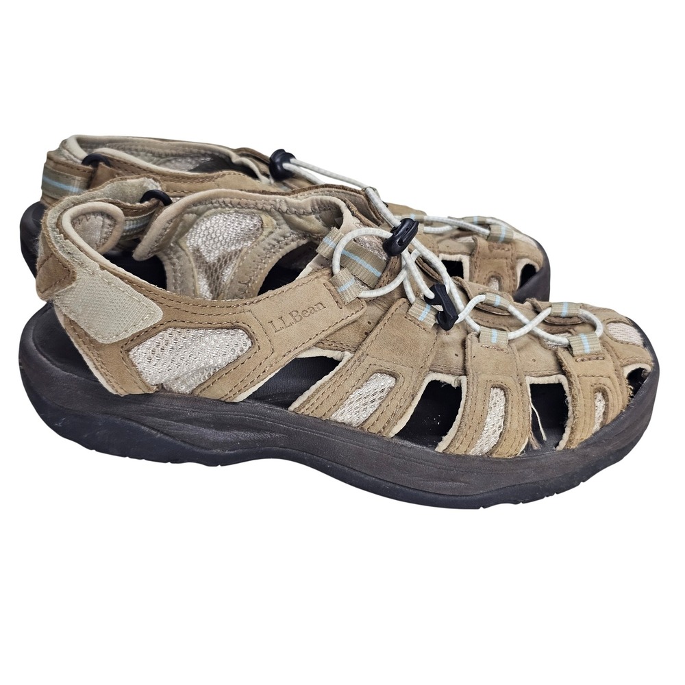LL Bean Womens 9.5 Tan Suede Mesh Closed Toe Water Sport Hiking Sandals 274551